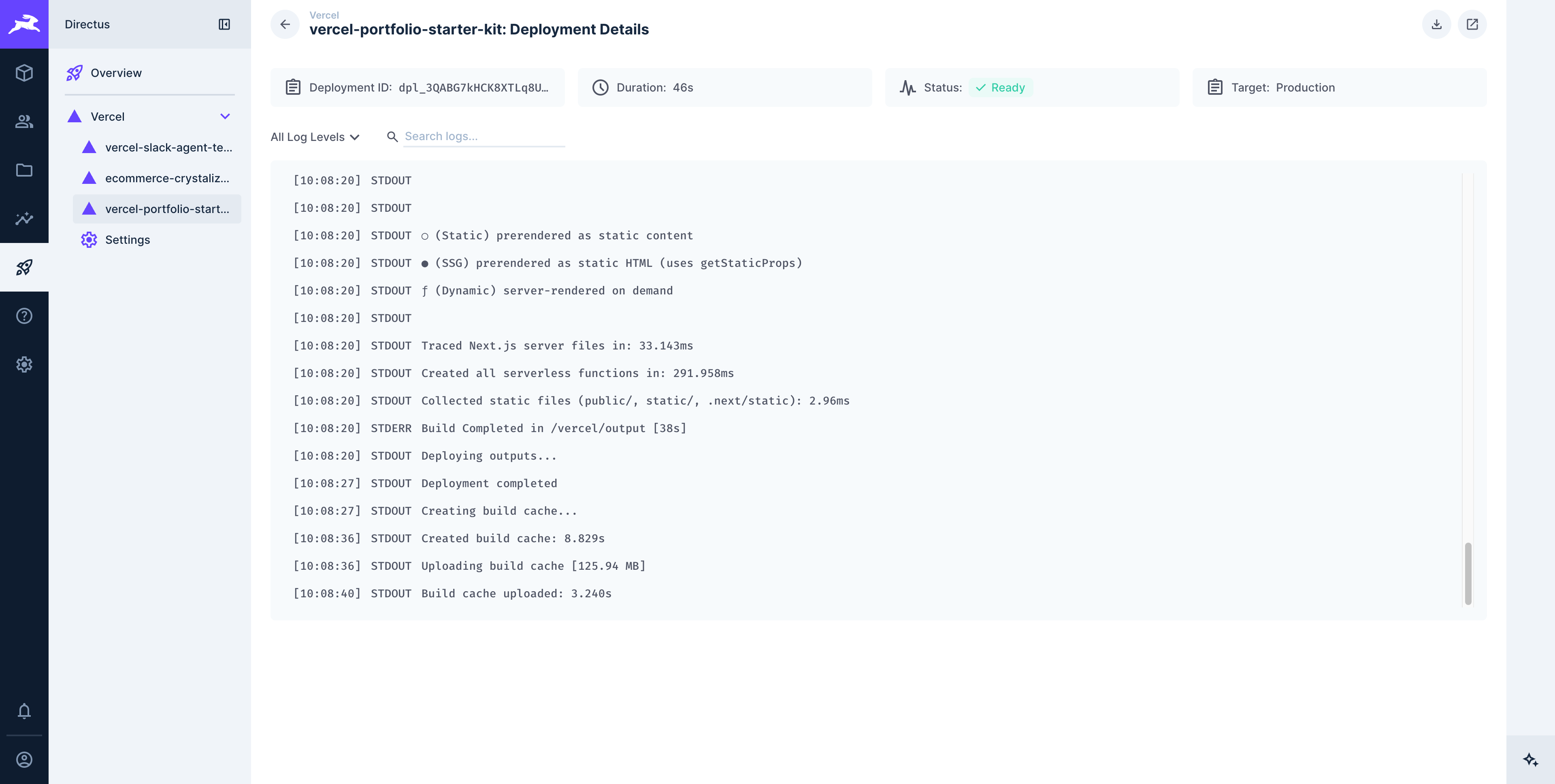 Vercel integration build logs